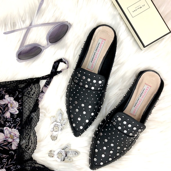 Chinese Laundry Shoes - Black Leather Studded Pointed Toe Loafer Mules